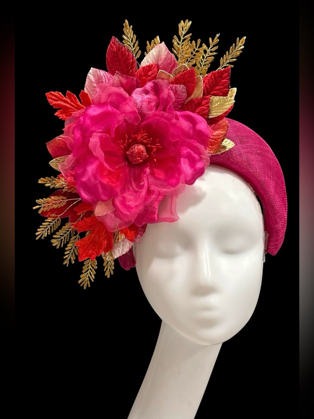 Pink and gold fascinator. Pink and red fascinator. Fascinator. Halo crown